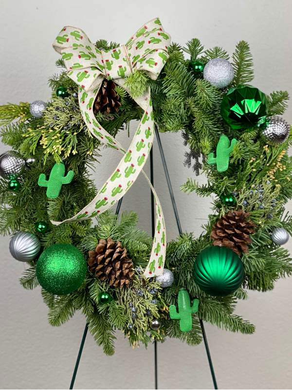 Winter in AZ Wreath-Flower Lab-arizona,Christmas,Christmas Holiday,Christmas Wreath,Classic Wreath,Great For the Holidays,Great Present,Great Present for Holidays,Green,Hand Made,handcrafted,Holiday Cheer,Holiday CheerPine Cones,Holiday Cheers,Holiday Wreath,Holidays,Just Because,Modern Wreath,no flowers,one of a kind wreath,Ornaments,Peace,Perfect for the Holidays,perfect holiday gift,phoenix,Phoenix Flower Delivery,Ribbon,Wreath