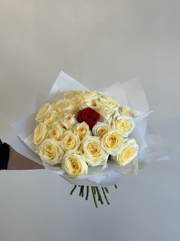 White Rose bouquet with Red Accent Rose