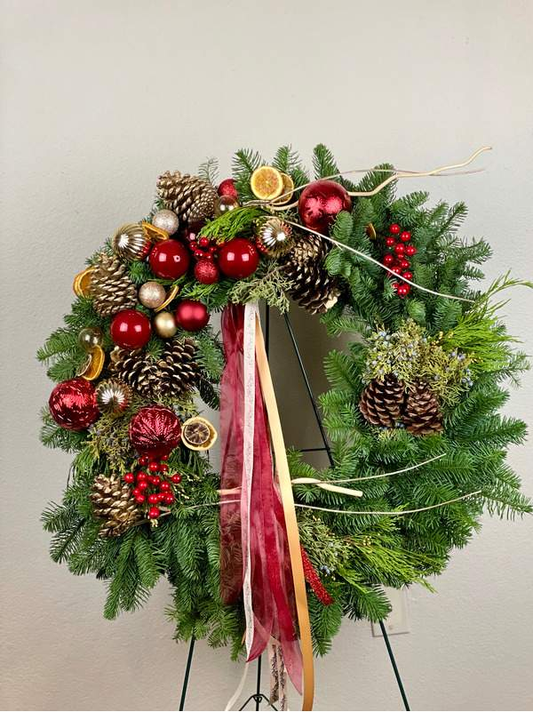 Christmas On My Mind Wreath-Flower Lab-Christmas,Christmas Holiday,Christmas Wreath,Door Wreath,fresh cut wreath,Fun Wreath,Great For the Holidays,Great Present for Holidays,Hand Made,Holiday,Holiday Cheer,Holiday CheerPine Cones,Holiday Cheers,Holiday Wreath,Holidays,Modern Wreath,one of a kind wreath,Perfect for the Holidays,Red White Wreath,Wreath