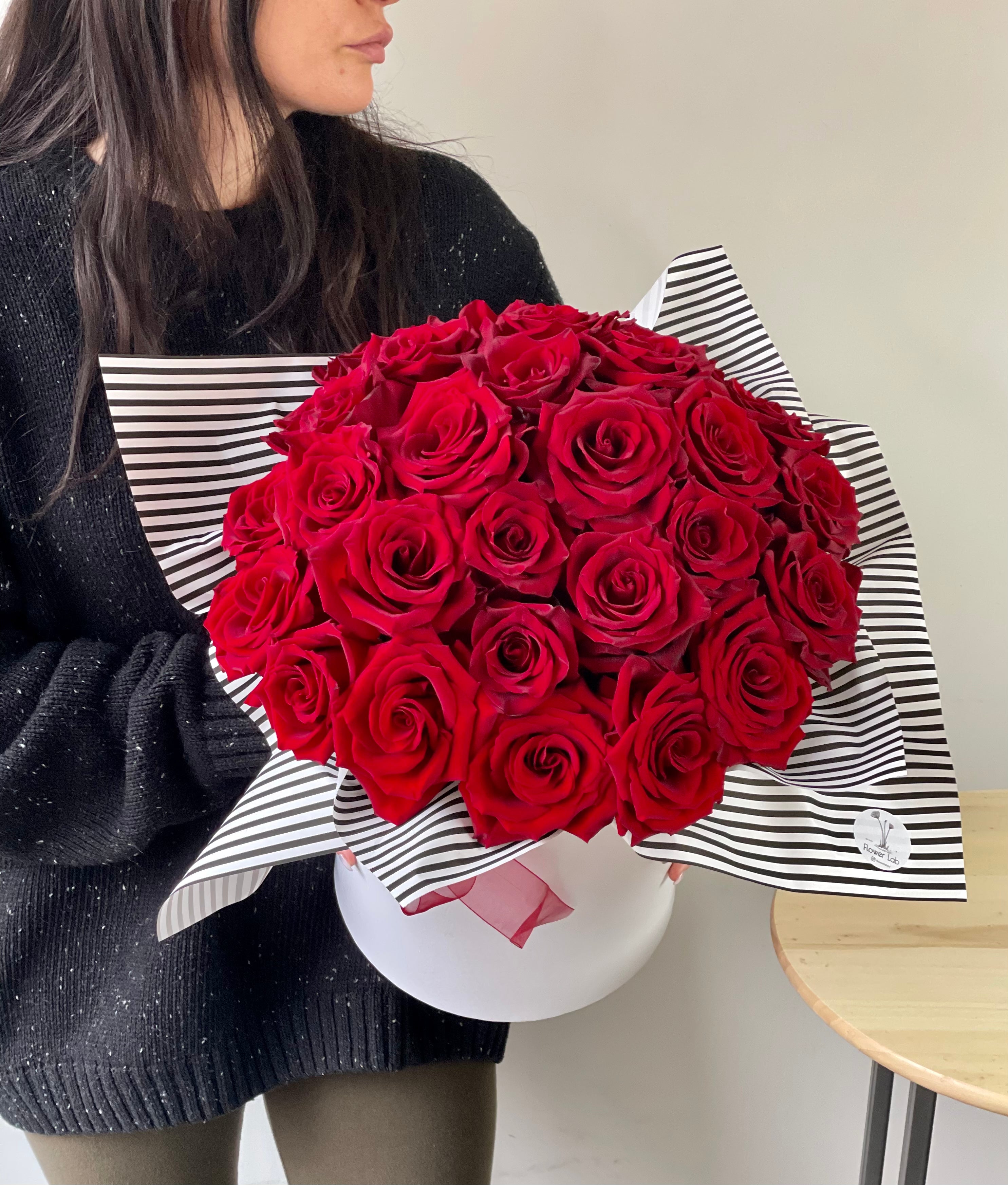 Medium Pink Round Box with Fresh Red Roses – Flowers By Crystal