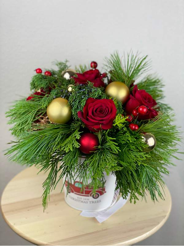 Holiday Bucket Of Roses-Flower Lab-Center Piece,centerpiece,Christmas,Christmas Centerpiece,Christmas Holiday,Fresh Cut,Fresh Cut Pine,Fresh cut pines,Gift,Great For the Holidays,Great Present for Holidays,Hand Made,handcrafted,Holiday,Holiday Center Peace,Holiday Center piece,Holiday Centerpiece,Holiday Cheer,Holiday Cheers,Holidays,Ornaments,Perfect for the Holidays,perfect holiday gift,red roses,small,small gift,small holiday gift