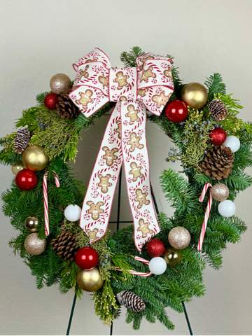 Gingerbread Wreath!-Flower Lab-Candy Canes,Door Ornament,Fresh Cut,Fun Wreath,Gingerbread,gold,Holiday Wreath,Ornaments,Pine Cones,Red,Silver,Wreath