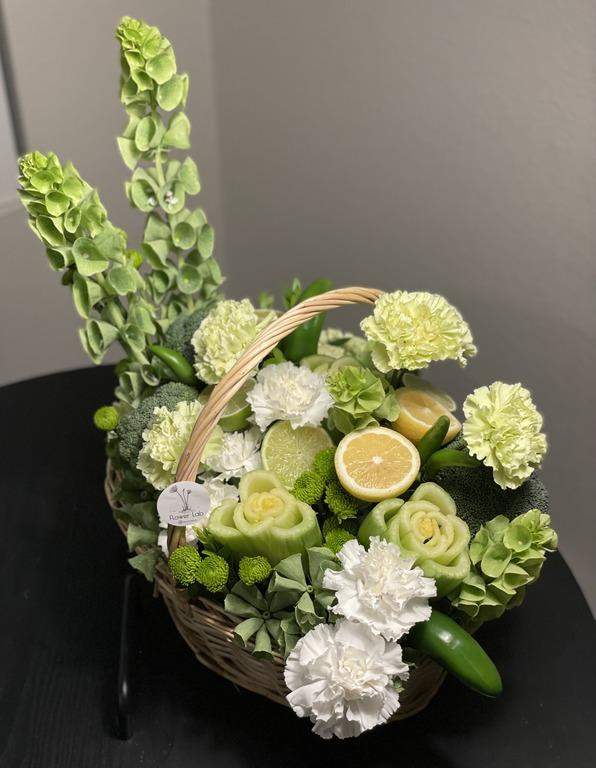 Healthy Choice - Floral and Vegetable arrangement Basket-Flower Lab-arizona,Basket,Basket with carnations,box flower,carnation,carnations,celebration,Custom,Desk Buddy,easy,fall,great present,Green,happiness,happy birthday,Large Basket,Less Water,love,no flowers,phoenix,Plant,spring,summer,veggie,winter,Work present