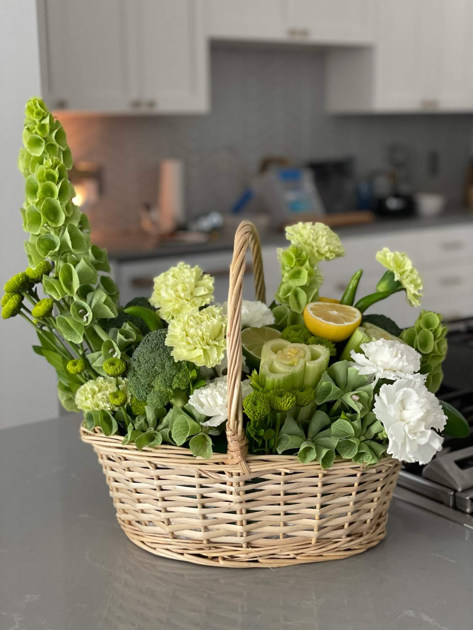 Healthy Choice - Floral and Vegetable arrangement Basket-Flower Lab-arizona,Basket,Basket with carnations,box flower,carnation,carnations,celebration,Custom,Desk Buddy,easy,fall,great present,Green,happiness,happy birthday,Large Basket,Less Water,love,no flowers,phoenix,Plant,spring,summer,veggie,winter,Work present